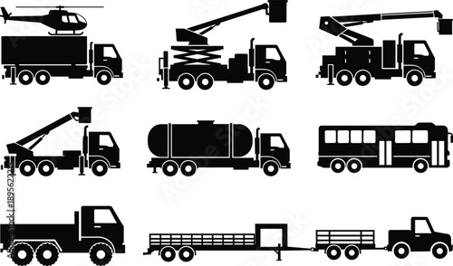 Industrial service vehicle silhouette set, crane trucks, tanker, bus, helicopter transport, heavy equipment collection, black and white illustration