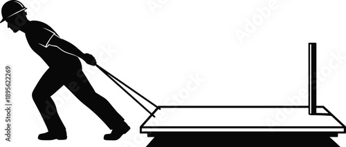 Industrial worker pulling heavy load, manual labor silhouette, factory transport concept, black flat vector illustration