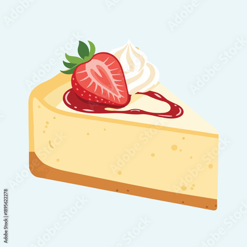 A cartoon slice of cheesecake topped with strawberry and whipped cream