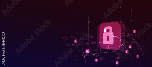 Data Security Digital Protection, Closed Padlock on Abstract Technology Background
