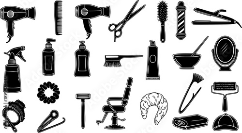 Black and White Line Art Icons of Hairdressing and Barber Tools