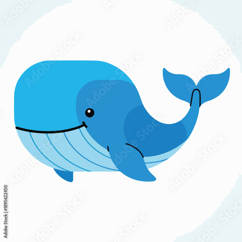 A cartoon whale, rendered in shades of blue, smiles widely