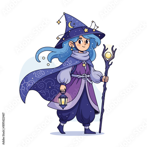 A cartoon witch, with a moon and star motif, carrying a lantern