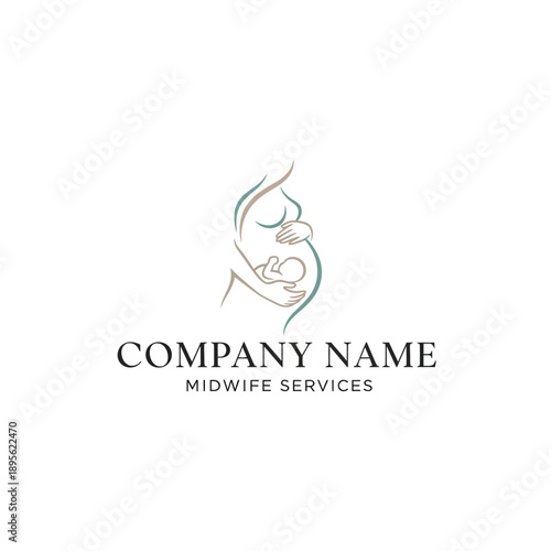 Elegant logo design for a midwifery service featuring a stylized pregnant woman holding her baby.