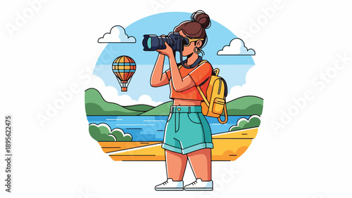 A cartoon woman with a camera and backpack overlooking a scenic lake
