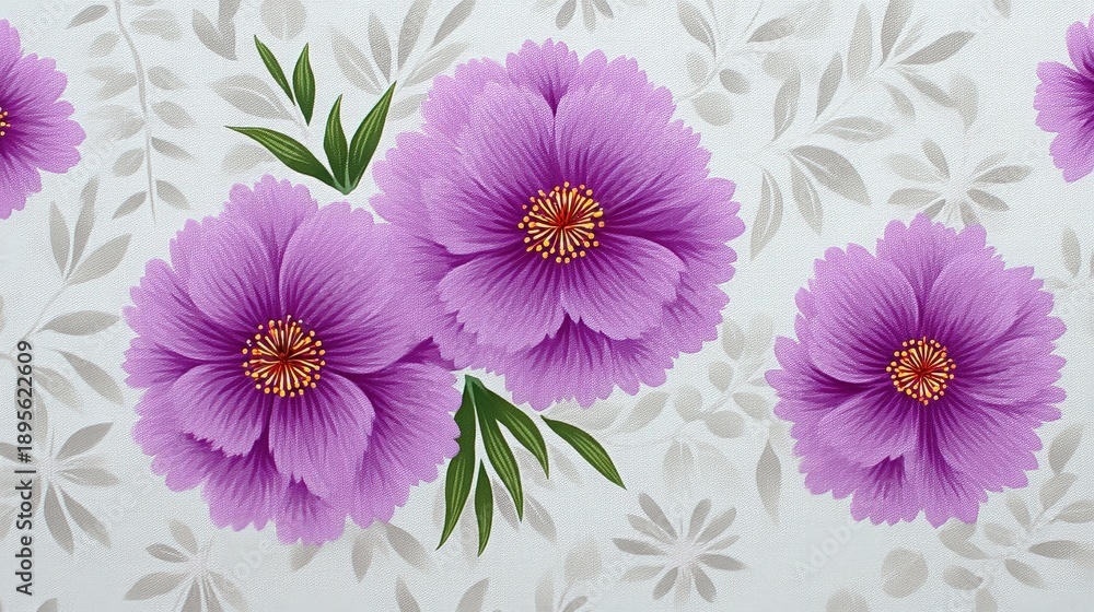 Obraz premium Vibrant Purple Flowers on Floral Background with Green Leaves