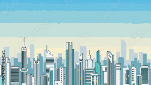 A cartoon-style illustration of a city skyline with buildings