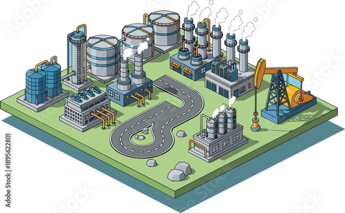 Isometric industrial oil refinery factory with storage tanks pipelines smokestacks and pump jack energy production vector illustration