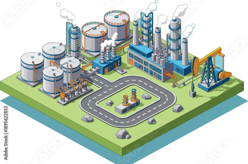 Isometric oil refinery industrial plant with storage tanks pipelines smokestacks and pump jack energy production vector illustration