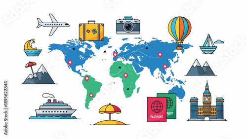 A cartoon-style world map with icons for travel and tourism