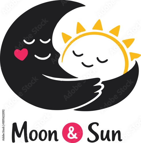 Cute moon and sun hugging in simple cartoon style. Minimal friendly illustration for kids design, prints, stickers, nursery decor and branding.
