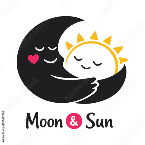 Cute moon and sun hugging in simple cartoon style. Minimal friendly illustration for kids design, prints, stickers, nursery decor and branding.