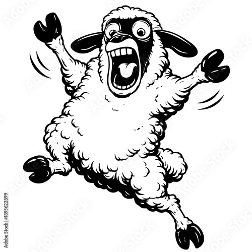 Crazy cartoon sheep jumping with wild screaming expression in black and white line art. Funny comic farm animal character for prints, stickers, cutting