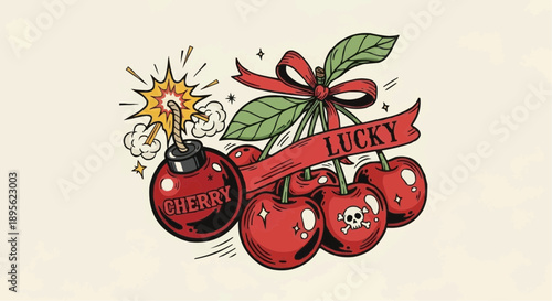 Lucky Cherries: A striking illustration of ripe cherries adorned with a playful bomb and a banner reading 'Lucky', invoking a sense of risk and reward in a vivid design.