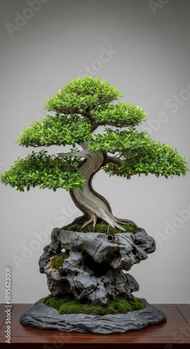 Elegant Bonsai Tree on Rock Display - A Miniature Natural Masterpiece.