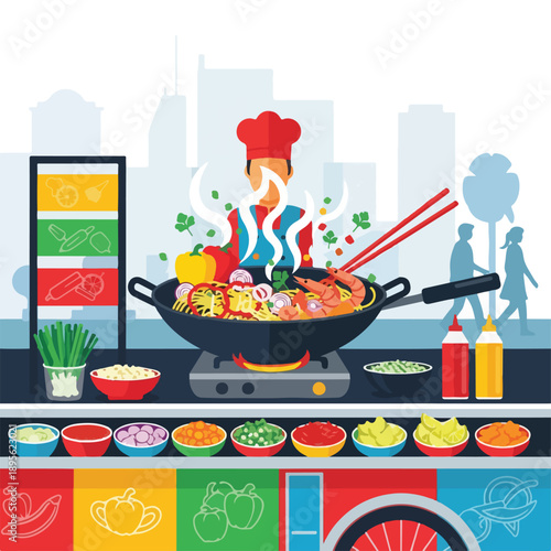 A chef preparing food in a wok, ingredients displayed, cityscape backdrop