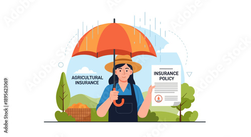 Agricultural Insurance Policy Concept: Female Farmer under Umbrella Holding Document for Crop Protection and Risk Management
