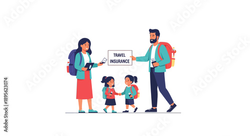 Family Securing Travel Insurance Policy. Vector Illustration of Parents and Kids Ready for Vacation Trip.