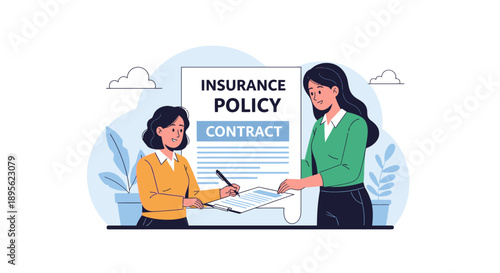 Client Signing Insurance Policy Contract with Agent. Financial Agreement, Document Approval, and Risk Management Concept. Flat Vector Illustration.