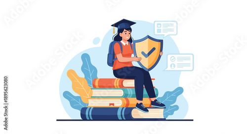 Academic Security and Student Protection Guarantee. Female Graduate with Shield Sitting on Stack of Books.
