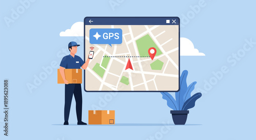Delivery Man Tracking Package Route via GPS Mobile App. Logistics and E-commerce Shipping Navigation Concept Illustration.
