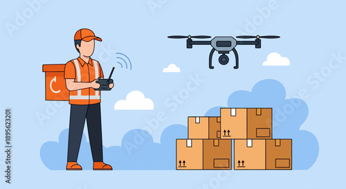 Delivery Worker Operating Drone Remote Control for Automated Package Shipping, E-commerce Logistics and Future Fulfillment Technology Illustration