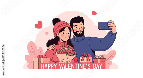 Valentine's Day Couple Taking Selfie Illustration. Happy Man and Woman in Love with Gifts, Flowers, and Hearts. Romantic Flat Vector.