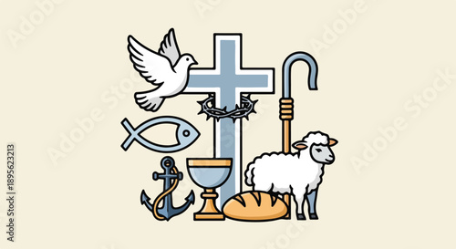 A collection of religious symbols on a creamy background