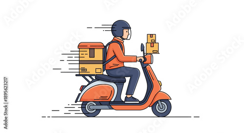 Express Delivery Courier on Scooter Illustration. Fast Shipping Service and Last Mile Logistics Concept Vector Graphic on White Background
