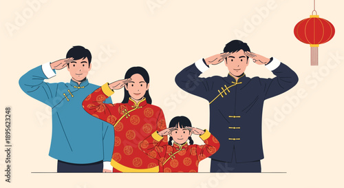 Happy Chinese Family Saluting: Parents and Child in Traditional Tang Suits with Festive Lantern