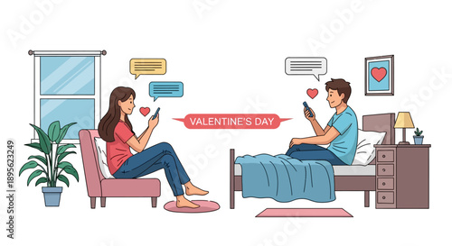 Valentine's Day Long Distance Relationship: Couple Texting and Chatting Online with Smartphones. Love and Digital Communication Illustration.