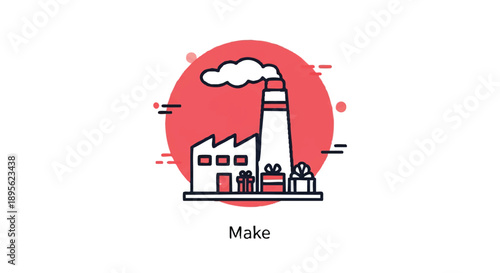 Concept of industrial production and manufacturing process for special items, illustrating a factory creating and preparing goods, including gifts for distribution and sale