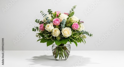 Elegant Bouquet of Pink and White Roses in Glass Vase.