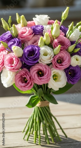 Elegant bouquet of lisianthus flowers in pastel shades.
