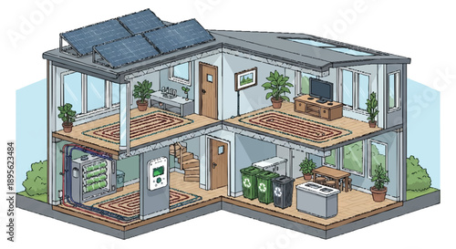 Architectural cross-section of a smart sustainable house showcasing integrated renewable energy solutions like rooftop solar panels and advanced home systems for eco-conscious modern living