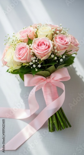 Elegant bouquet of pink and white roses with ribbon.