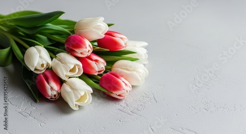 Elegant Bouquet of Red and White Tulips on a Light Background.