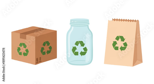 Recycling symbols on a cardboard box, glass jar, and paper bag for eco-friendly waste management and sustainability