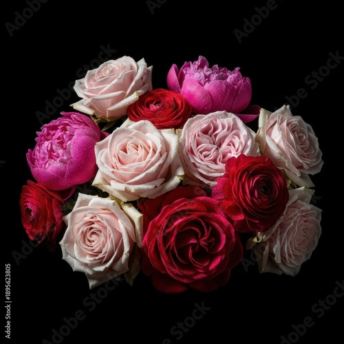 Elegant bouquet of roses and peonies against a dark background.