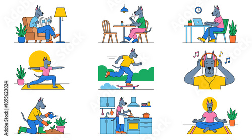 Funny Great Dane Vector Character Set. Anthropomorphic dog mascot doing daily activities like yoga working cooking and skateboarding. Cartoon lifestyle illustration isolated on white.