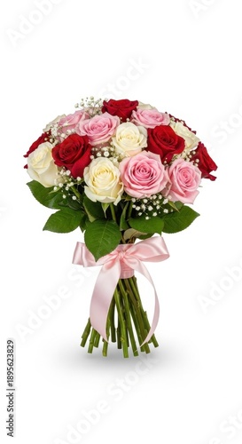 Elegant bouquet of roses in pink, red, and white hues.
