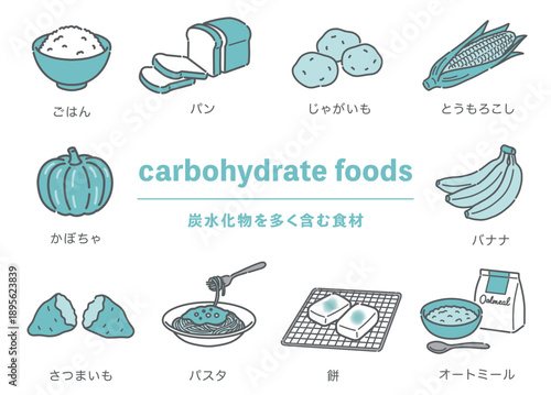 炭水化物を多く含む食材のイラストセット（ごはん・パン・麺・芋類）