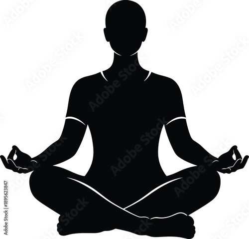 Meditation yoga pose silhouette, calm mindfulness practice, seated lotus position concept, wellness and spiritual balance illustration