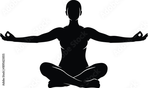 Meditation yoga silhouette, seated lotus pose woman, mindfulness relaxation concept, spiritual balance, black flat vector illustration