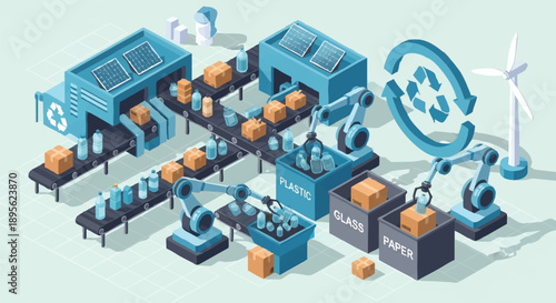 Recycling plant with robotic arms and solar panels demonstrating sustainable manufacturing and waste management processes