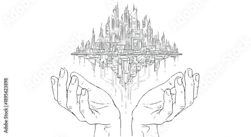 Enchanting floating city held aloft by ethereal hands, a testament to magic and imagination