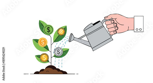 Cultivating financial growth A hand waters a money plant sprouting coins and dollar signs, symbolizing investment and prosperity