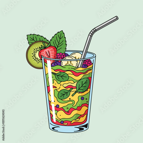 A colorful smoothie in a tall glass, garnished with fresh fruits