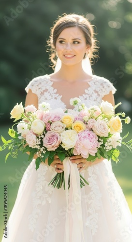 Elegant bride holding a beautiful bouquet on her wedding day.
