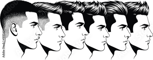 Men hairstyle profile illustration set, modern male haircut evolution, barber fashion grooming styles, side view portraits, isolated black and white vector